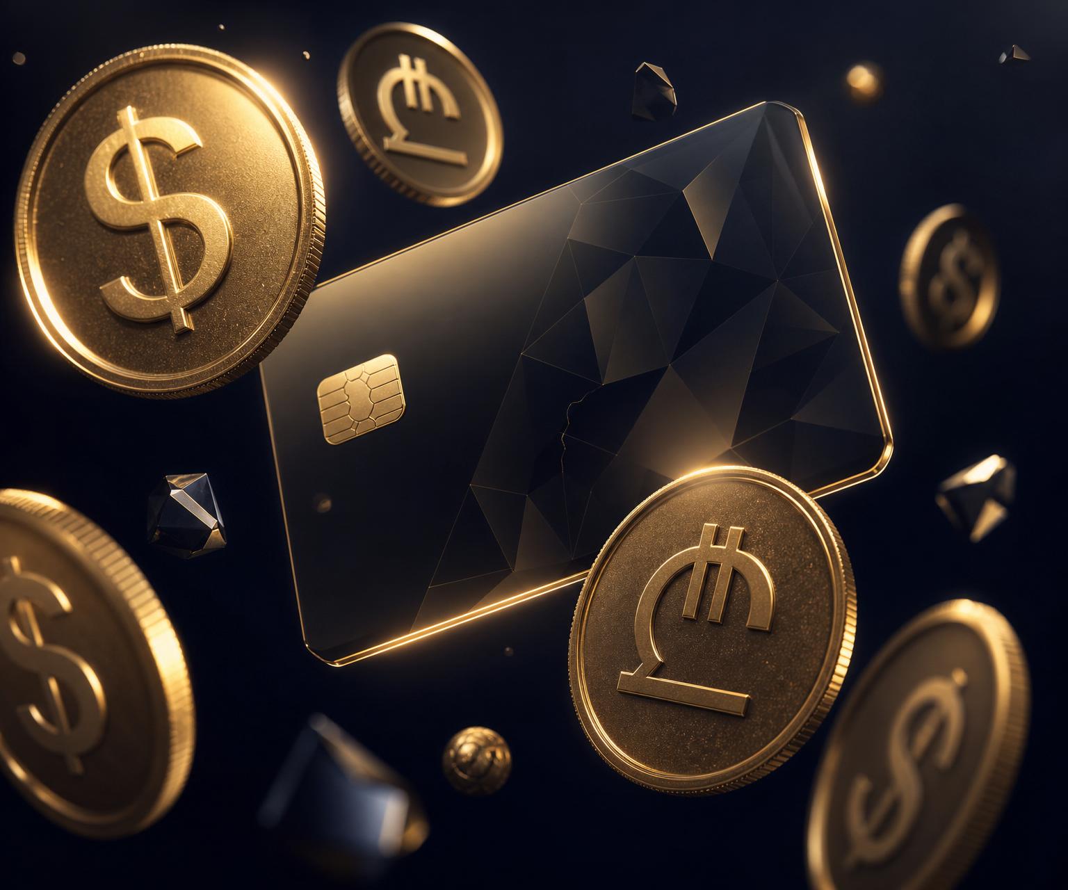 Luxury fintech composition of gold coins and an obsidian card